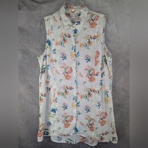 J. Jill Medium 100% Linen Sleeveless Tiered Button Down Shirt Floral